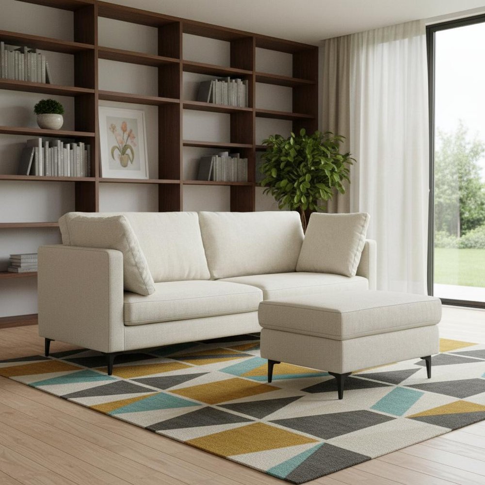 90" Cream Fabric Sofa With Ottoman With Black Legs
