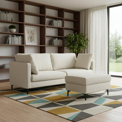 90" Cream Fabric Sofa With Ottoman With Black Legs
