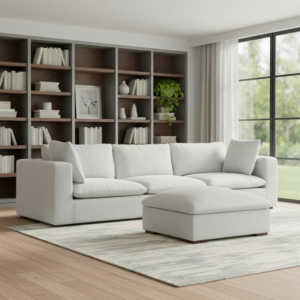 125" Gray Fabric Sofa With Ottoman With Brown Legs
