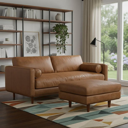 89" Brown Leather Sofa With Ottoman