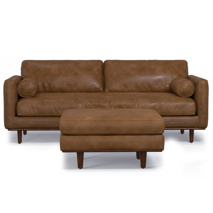 89" Brown Leather Sofa With Ottoman