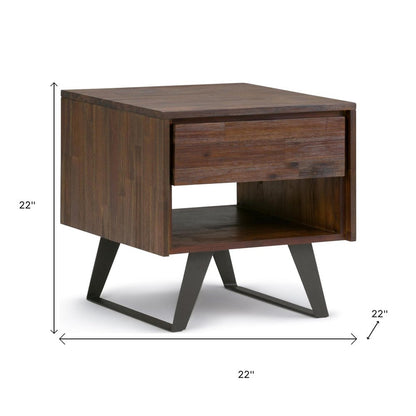 22" Brown Solid Wood and Iron Square Sled End Table With Drawer And Shelf