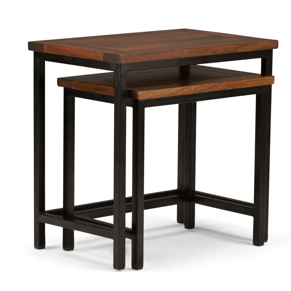 Set of Two Brown Solid Wood and Iron Nested Tables