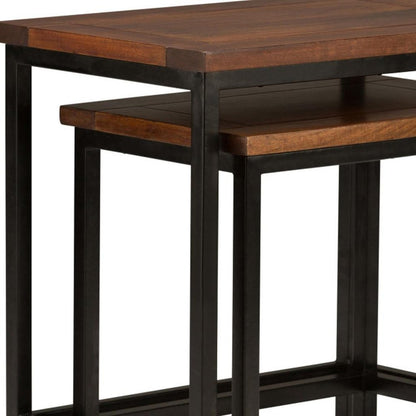 Set of Two Brown Solid Wood and Iron Nested Tables