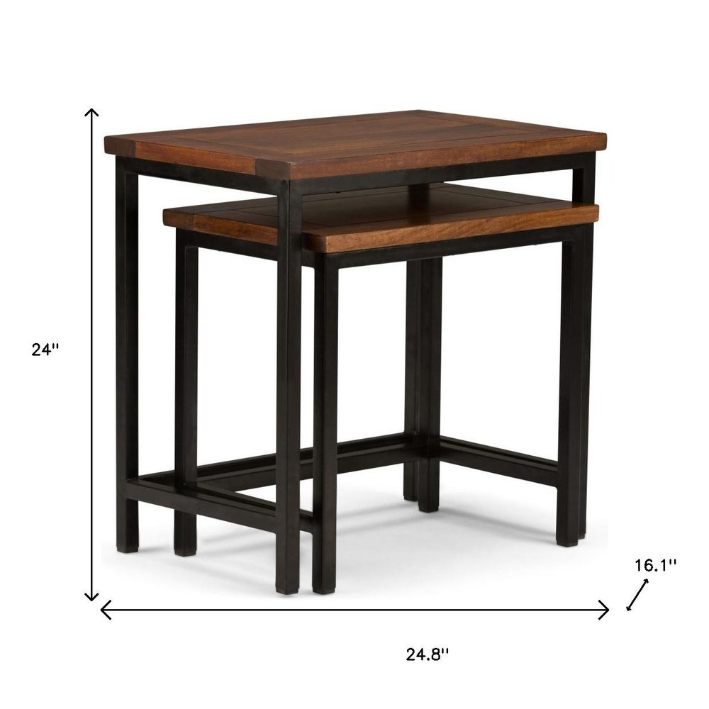 Set of Two Brown Solid Wood and Iron Nested Tables