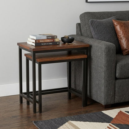 Set of Two Brown Solid Wood and Iron Nested Tables