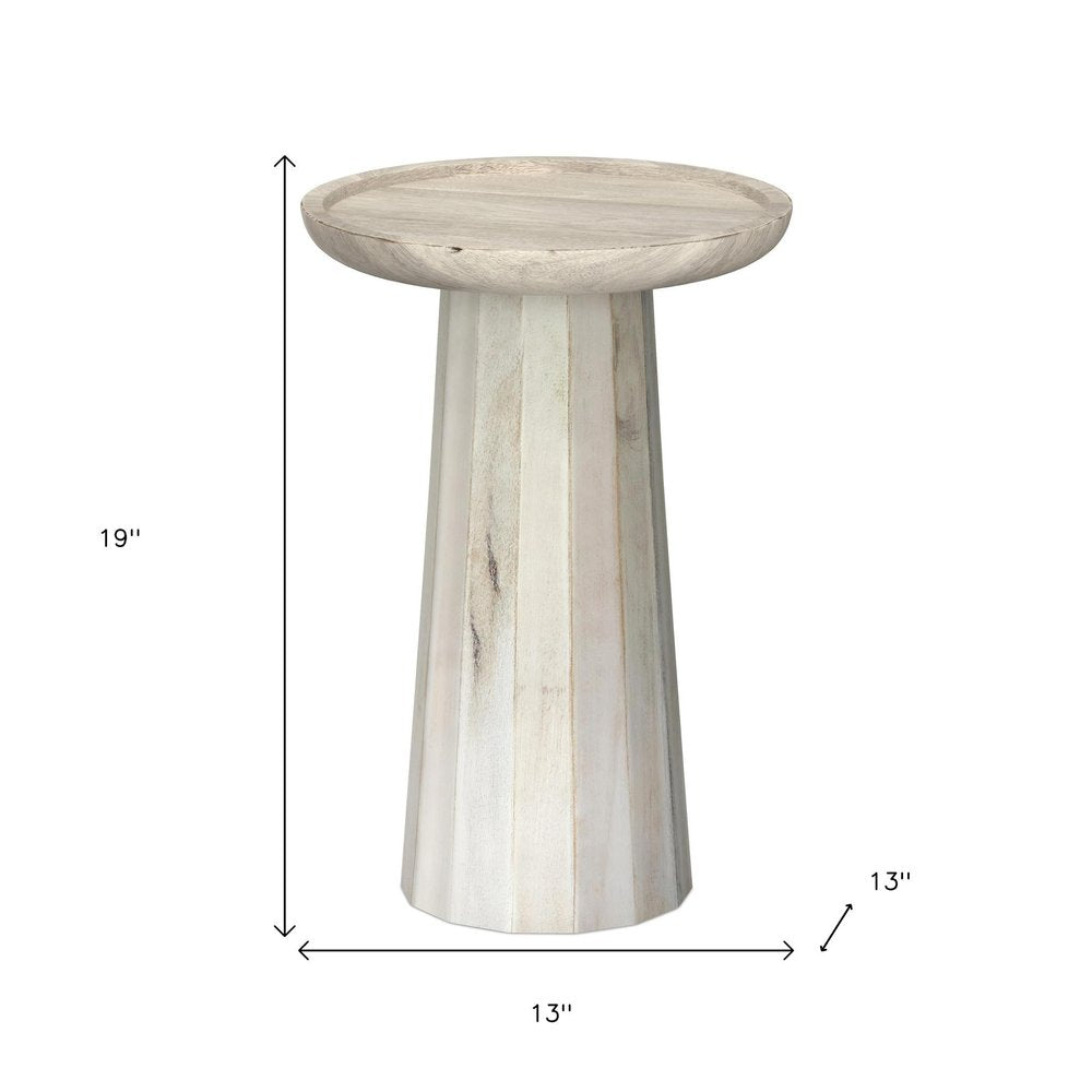 19" Natural and White Distressed Solid Wood Round Pedestal End Table