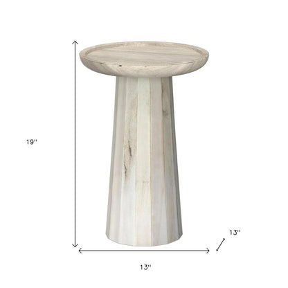 19" Natural and White Distressed Solid Wood Round Pedestal End Table