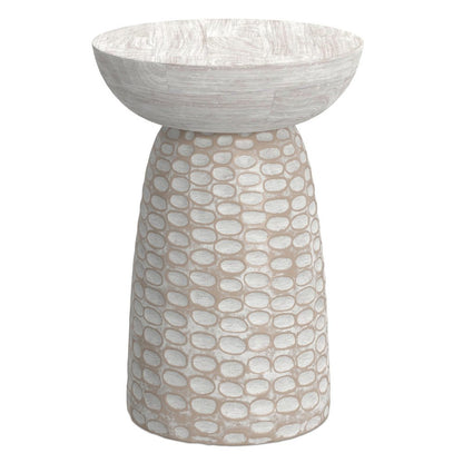 18" Natural and White Distressed Solid Wood Round Pedestal End Table