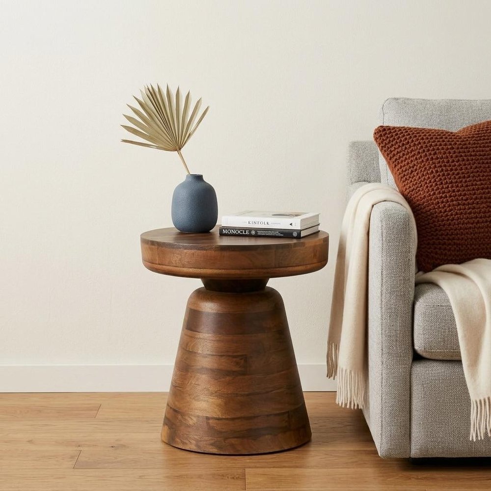 18" Brown Solid Wood Round Pedestal End Table