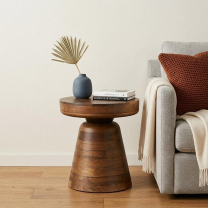 18" Brown Solid Wood Round Pedestal End Table