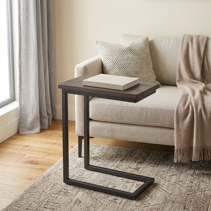 24" Walnut and Brown Solid Wood and Iron End Table