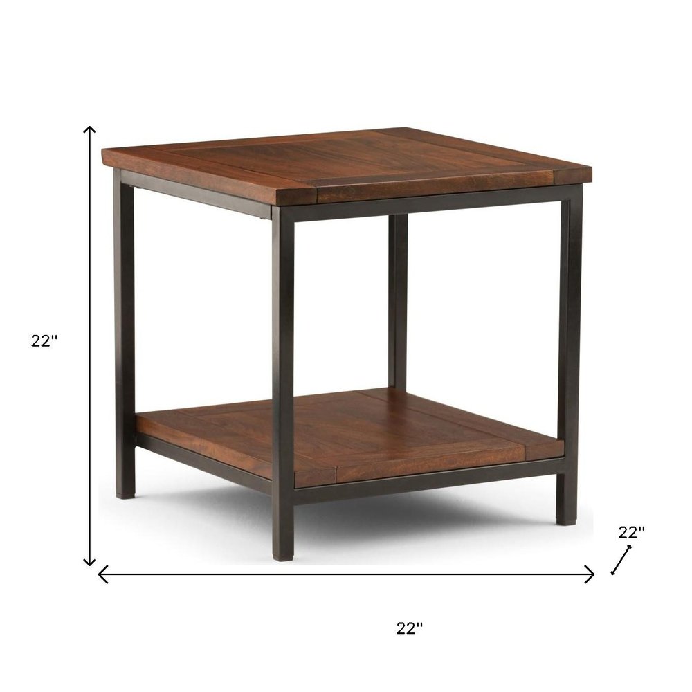 22" Brown Solid Wood and Iron Square End Table With Shelf