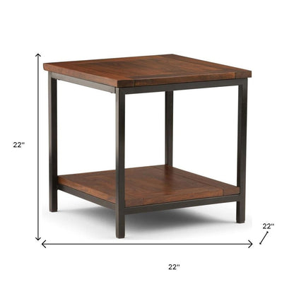 22" Brown Solid Wood and Iron Square End Table With Shelf