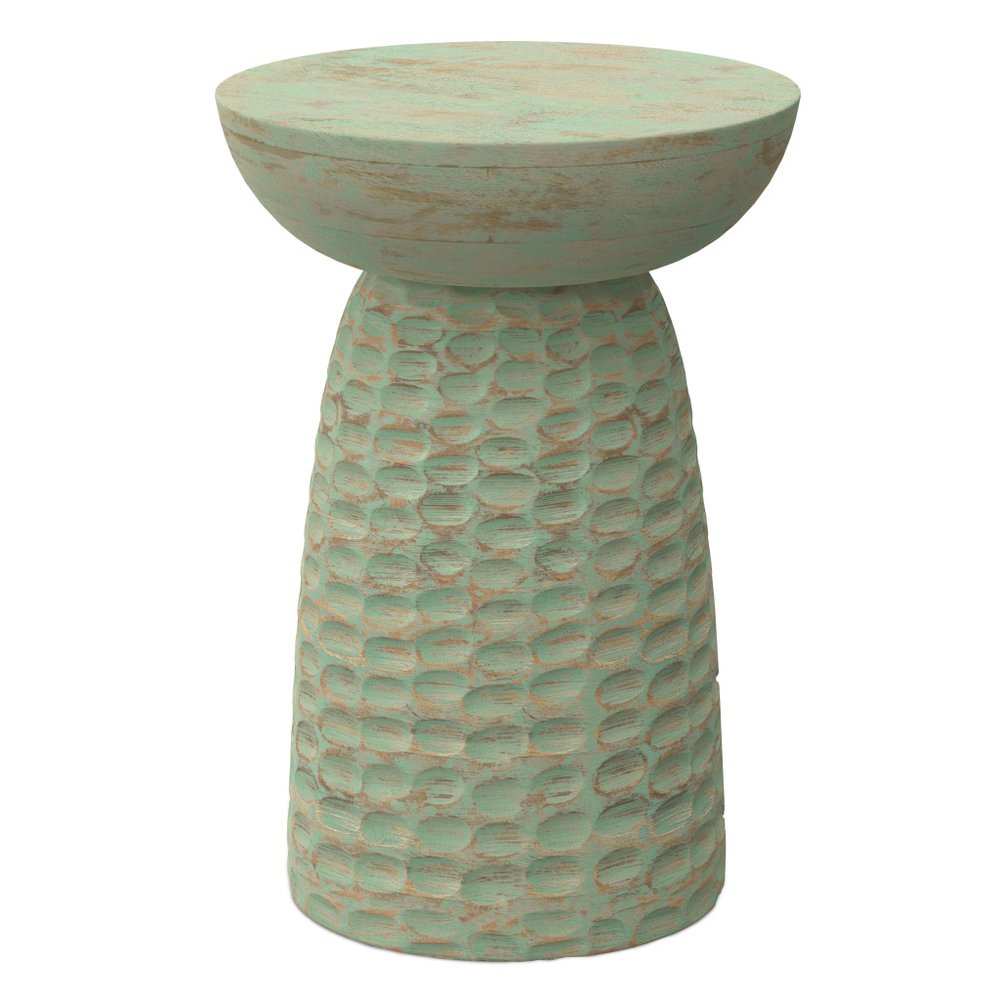 18" Green and Natural Distressed Solid Wood Round Pedestal End Table