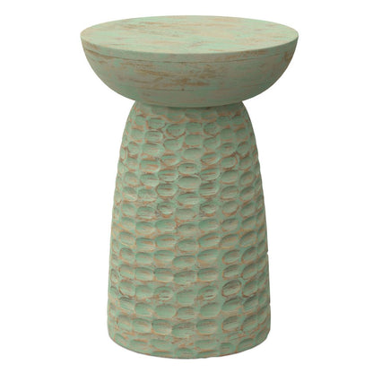 18" Green and Natural Distressed Solid Wood Round Pedestal End Table