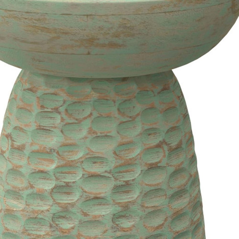18" Green and Natural Distressed Solid Wood Round Pedestal End Table