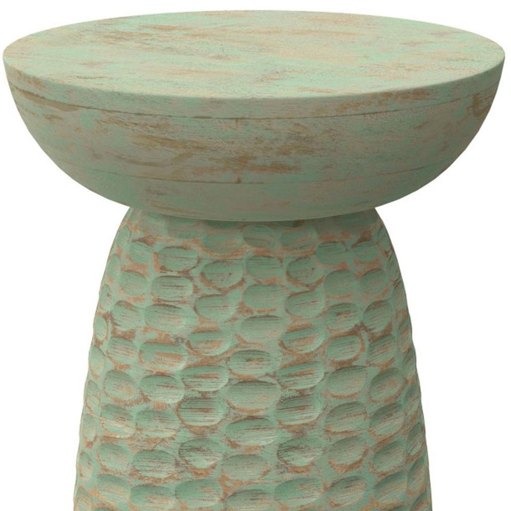 18" Green and Natural Distressed Solid Wood Round Pedestal End Table