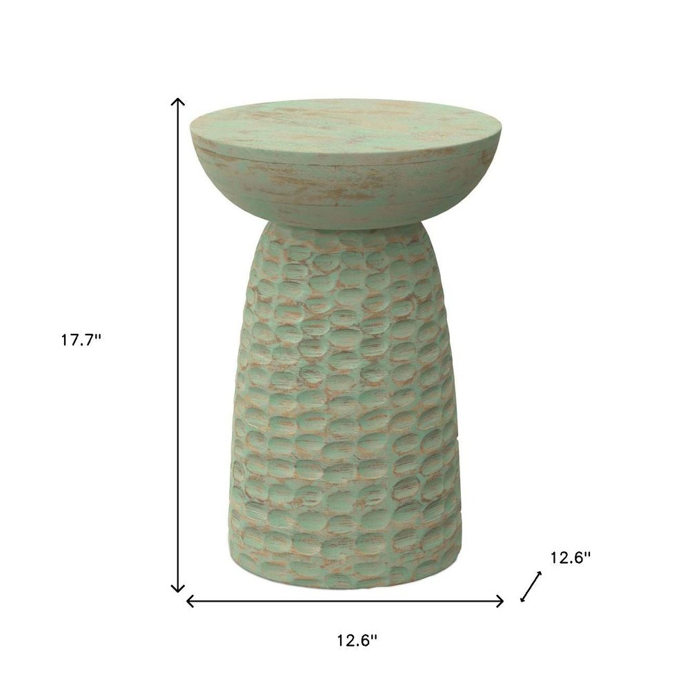 18" Green and Natural Distressed Solid Wood Round Pedestal End Table