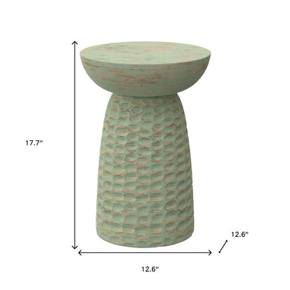 18" Green and Natural Distressed Solid Wood Round Pedestal End Table