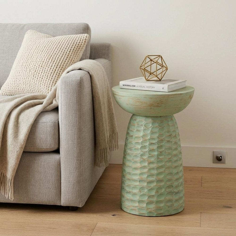 18" Green and Natural Distressed Solid Wood Round Pedestal End Table