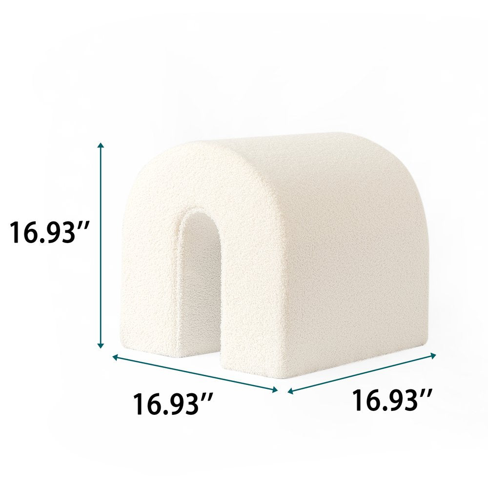 17" White Boucle Oval Footstool Ottoman