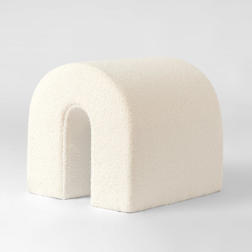 17" White Boucle Oval Footstool Ottoman