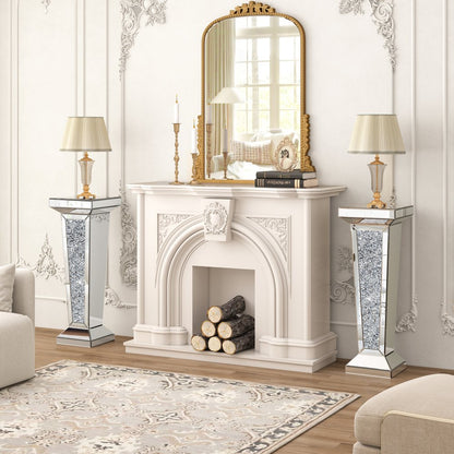 35" Silver Mirrored Glass And Faux Crystals Pedestal Accent Table