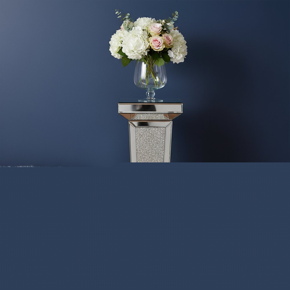 35" Silver Mirrored Glass And Faux Crystals Pedestal Accent Table