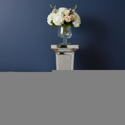 35" Silver Mirrored Glass And Faux Crystals Pedestal Accent Table