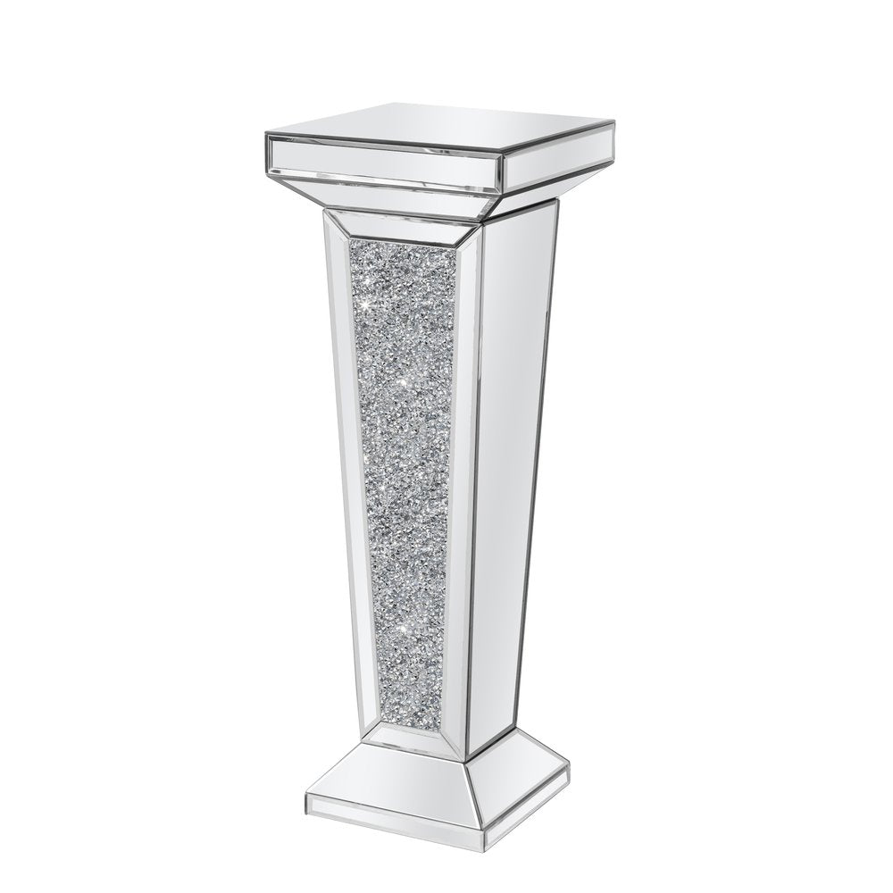 35" Silver Mirrored Glass And Faux Crystals Pedestal Accent Table