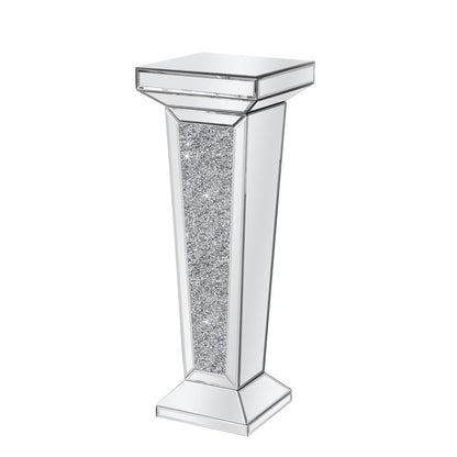 35" Silver Mirrored Glass And Faux Crystals Pedestal Accent Table