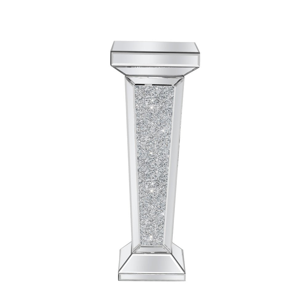 35" Silver Mirrored Glass And Faux Crystals Pedestal Accent Table
