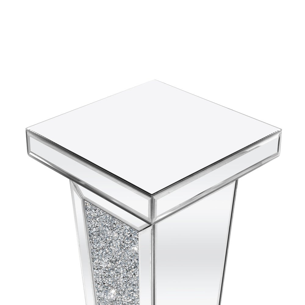 35" Silver Mirrored Glass And Faux Crystals Pedestal Accent Table