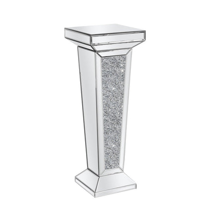 35" Silver Mirrored Glass And Faux Crystals Pedestal Accent Table