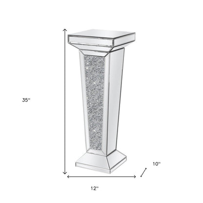 35" Silver Mirrored Glass And Faux Crystals Pedestal Accent Table