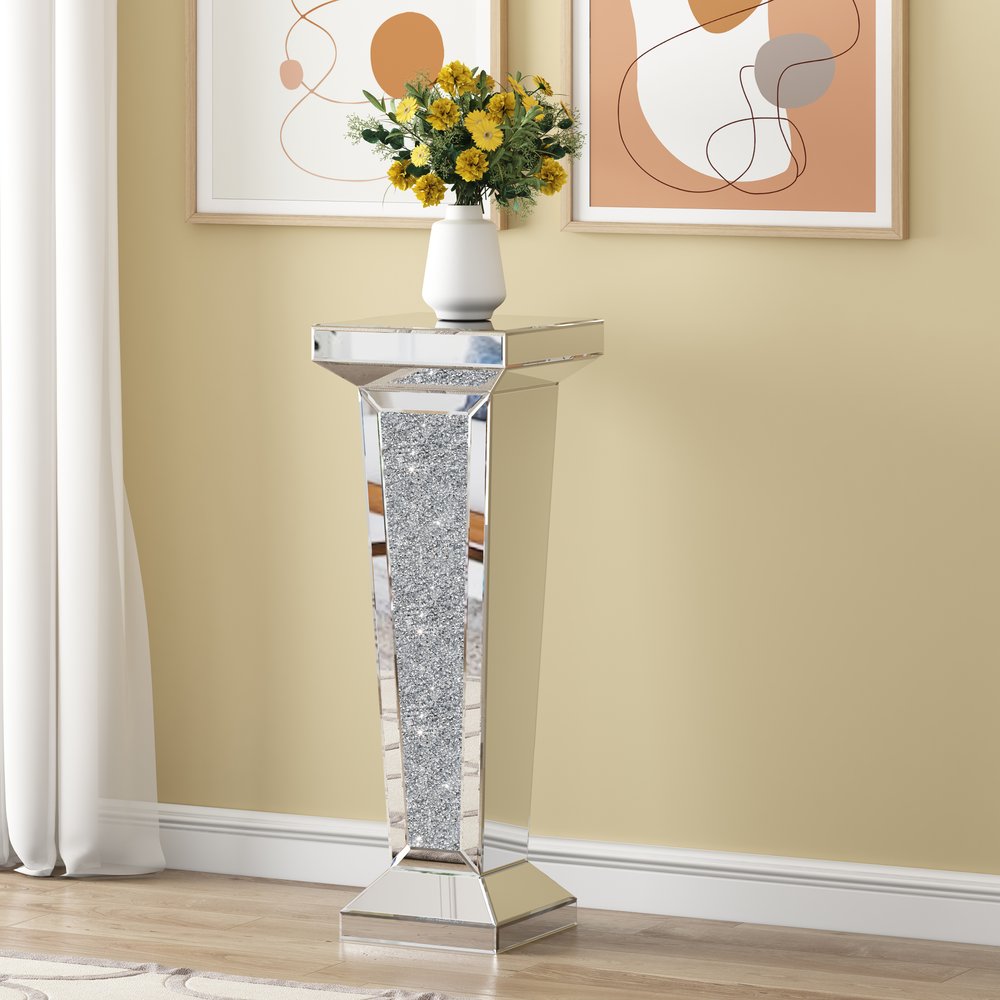 35" Silver Mirrored Glass And Faux Crystals Pedestal Accent Table