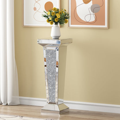 35" Silver Mirrored Glass And Faux Crystals Pedestal Accent Table