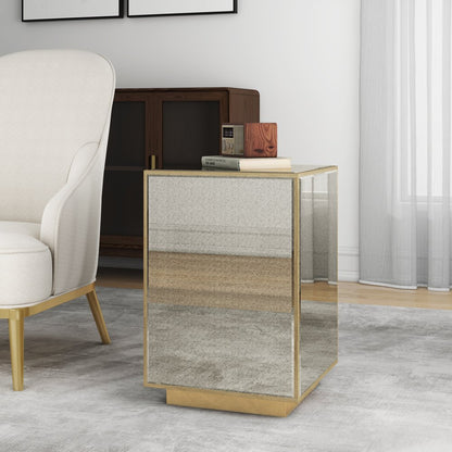 22" Silver and Gold Mirrored Glass and Wood Block End Table