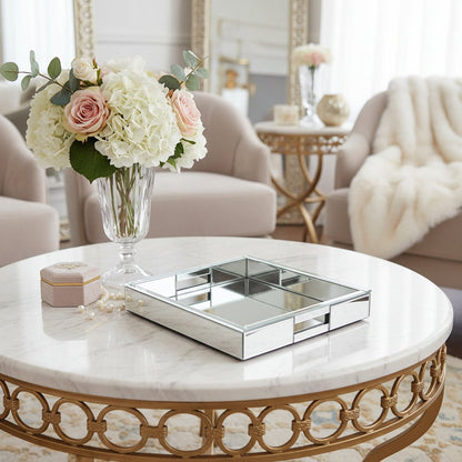 16" Silver Mirrored Glass Serving Tray With Handles