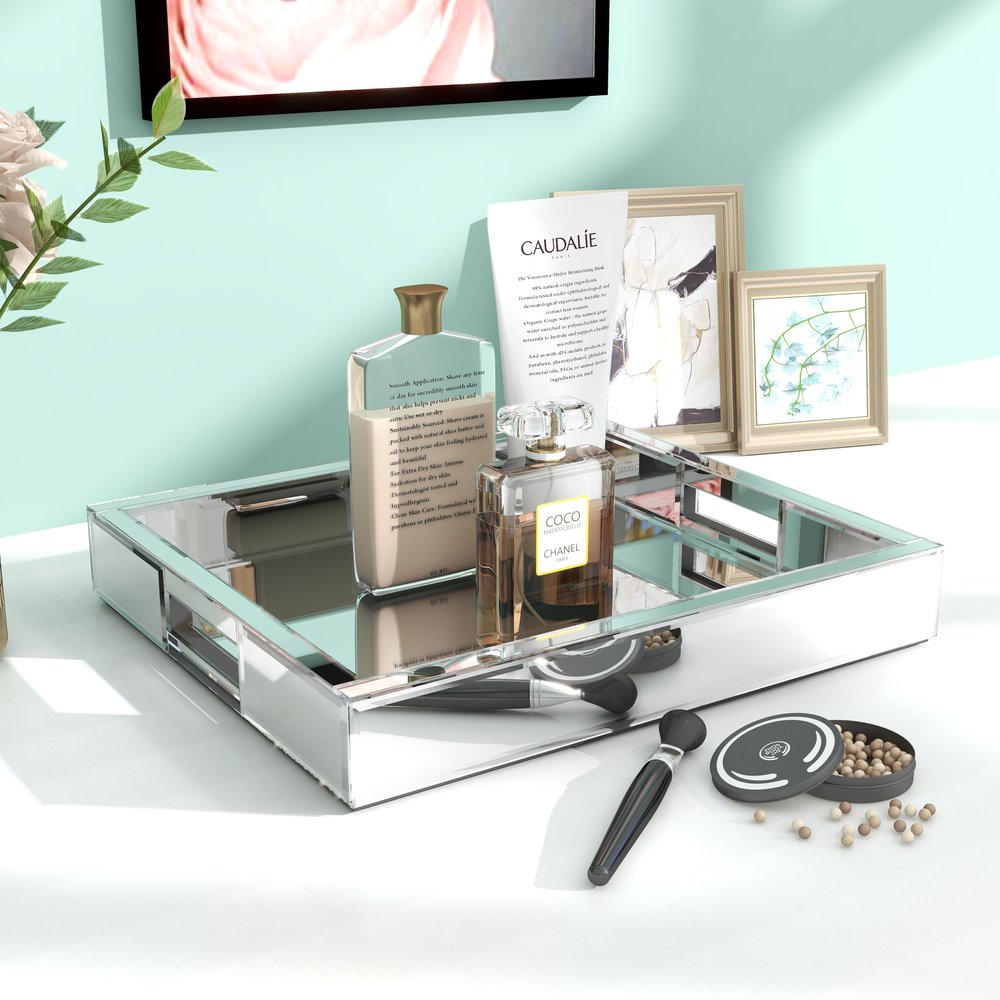 16" Silver Mirrored Glass Serving Tray With Handles