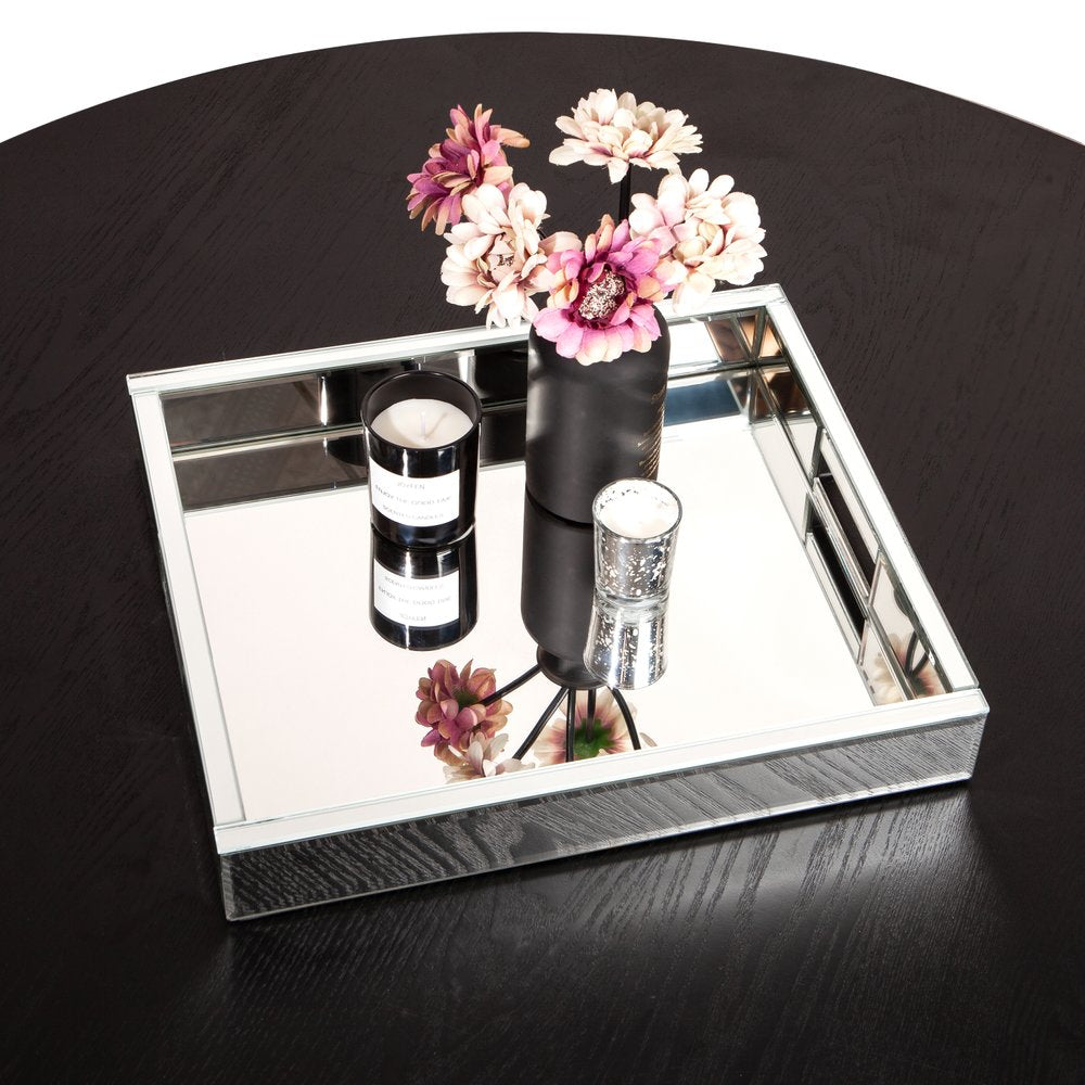 16" Silver Mirrored Glass Serving Tray With Handles