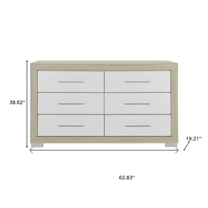 63" Natural And White Wood Six Drawer Double Dresser