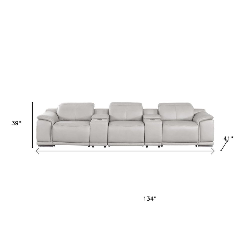 134" Light Gray Top Grain Leather Reclining USB Sofa And Storage
