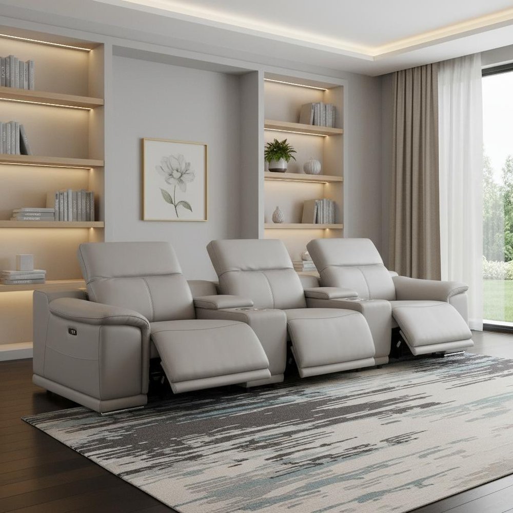 134" Light Gray Top Grain Leather Reclining USB Sofa And Storage