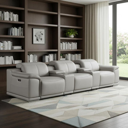 134" Light Gray Top Grain Leather Reclining USB Sofa And Storage