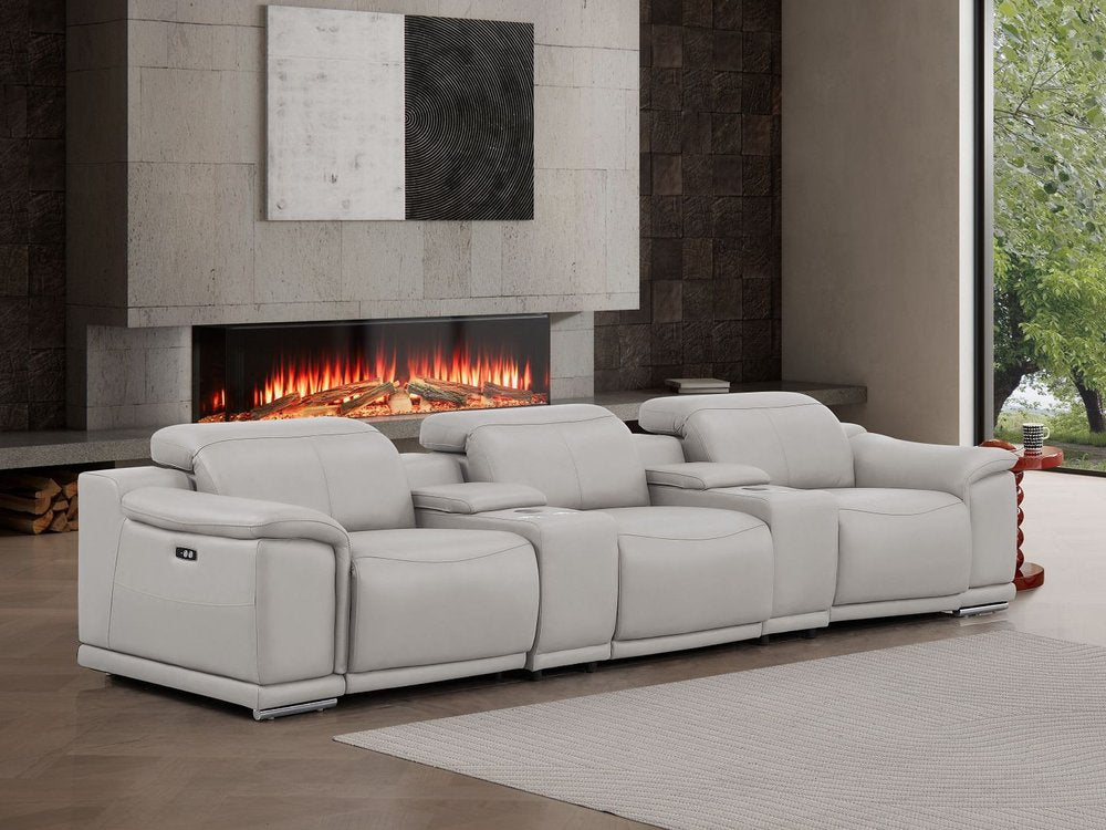 134" Light Gray Top Grain Leather Reclining USB Sofa And Storage