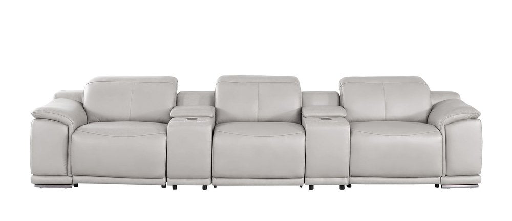 134" Light Gray Top Grain Leather Reclining USB Sofa And Storage