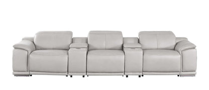 134" Light Gray Top Grain Leather Reclining USB Sofa And Storage