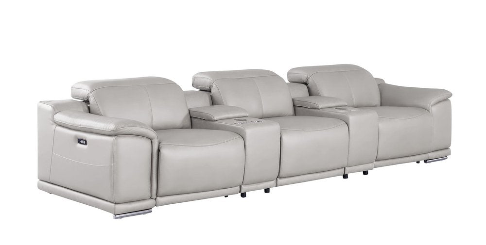134" Light Gray Top Grain Leather Reclining USB Sofa And Storage